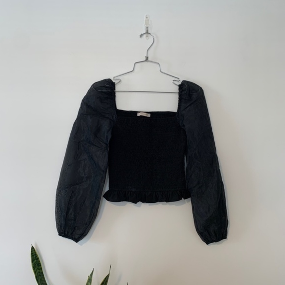 Pookie & Sebastian Black Puff Sleeve Smocked Crop Top sz S - Picture 2 of 7